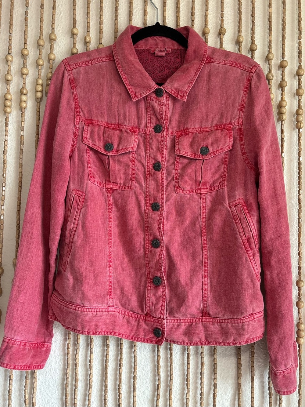 Sundance Red Linen Denim Button Down Long Sleeve Boho Indie Outdoor Jacket Sm